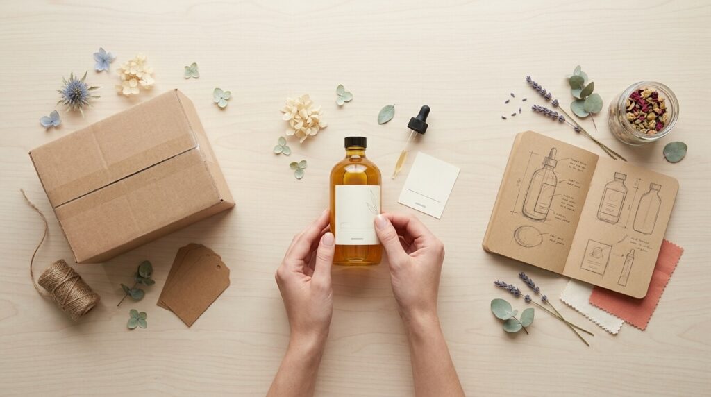 A top-down view of e-commerce brand packaging elements, including an amber cosmetic bottle, a cardboard boxes, kraft paper tags, and a sketch of product line options.