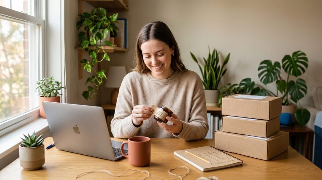 A wellness brand founder designing custom product packaging at a home office desk with small amber jars, cardboard boxes, and a laptop.