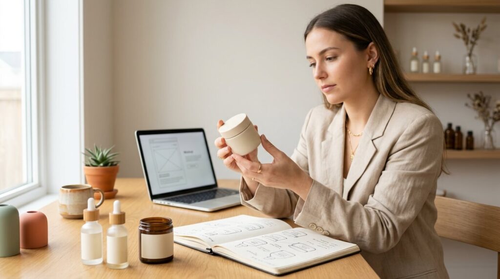 A wellness brand founder designing product packaging at her desk with skincare jars, dropper bottles, and design sketches for her new business line.