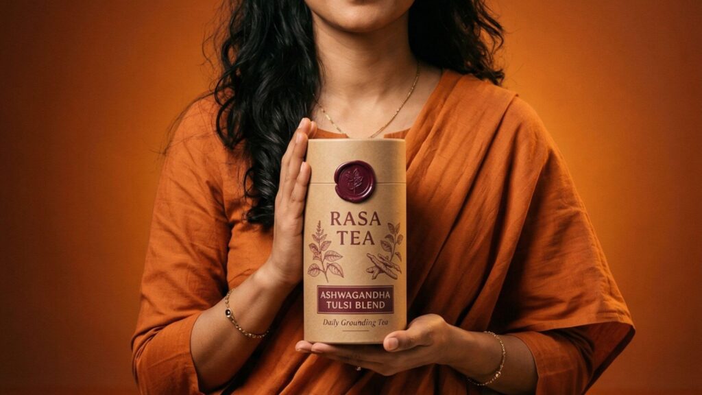 A close-up shot of a person dressed in a warm orange saree holding a cylindrical, eco-friendly kraft paper container for "Rasa Tea." The product label clearly features the text "Ashwagandha Tulsi Blend - Daily Grounding Tea" with elegant botanical illustrations against a soft, warm orange backdrop.