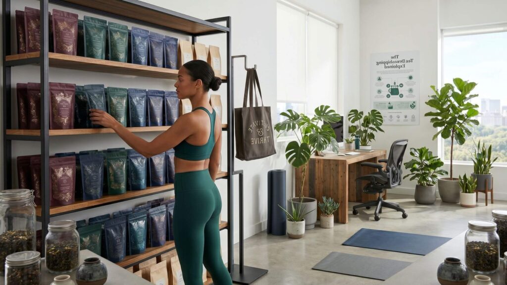 A woman in dark green athletic wear stands in a bright, modern wellness studio or home office, looking at a wooden shelving unit filled with neatly arranged, private label tea pouches. The background features a wooden desk, a laptop, potted plants, and yoga mats on the floor.