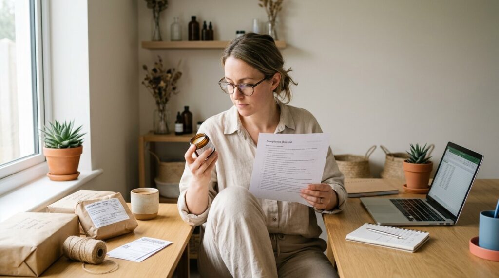 A business owner conducting a product compliance check for a wellness brand with shipping boxes, an amber jar, and a laptop nearby.
