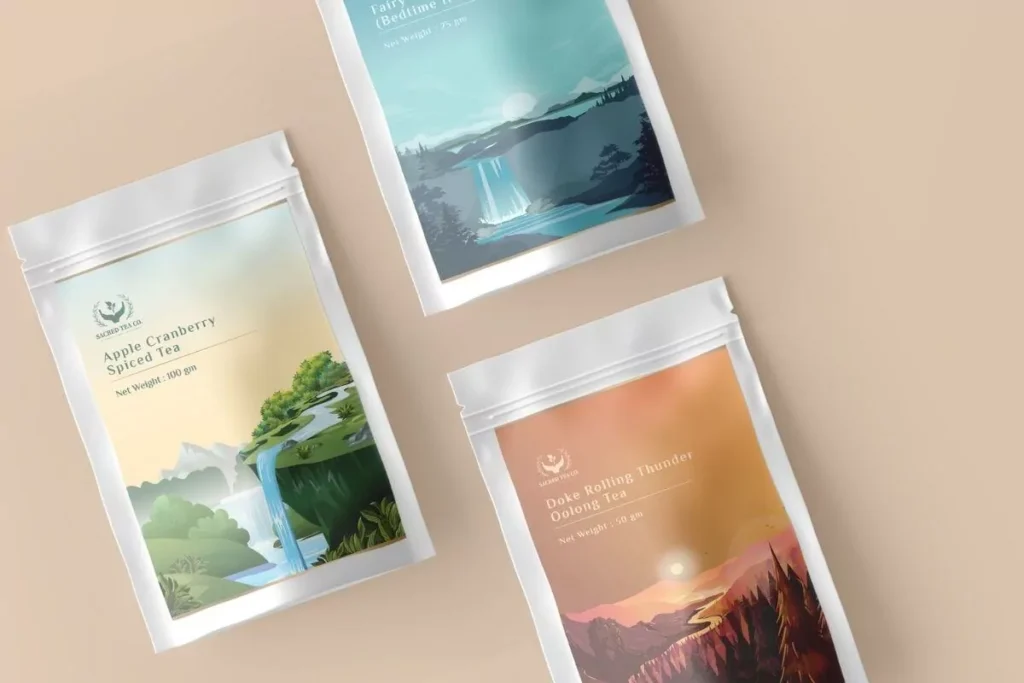 A pack of 3 stand up pouches showcasing beautiful label design services